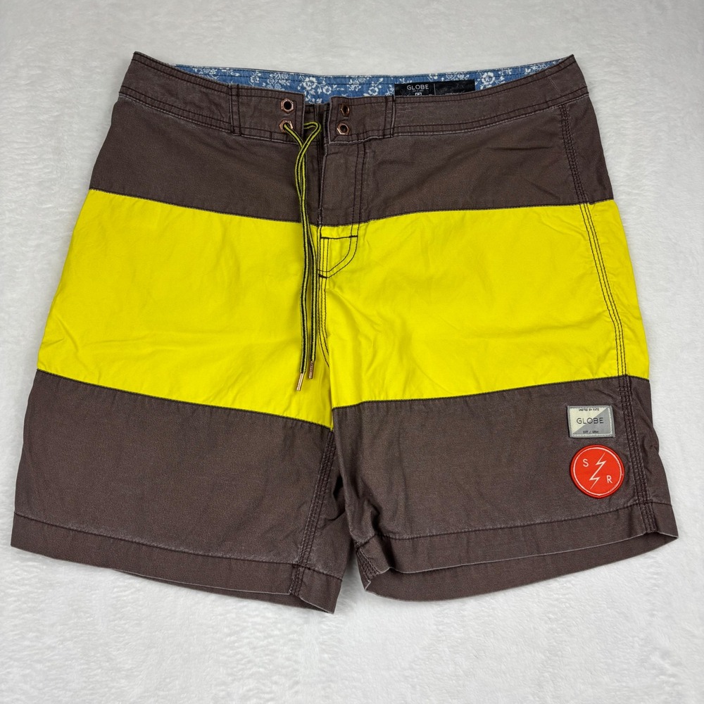 Globe Mens Board Shorts Size 32 Brown Neon Yellow Color Block Quick Dry Canvas